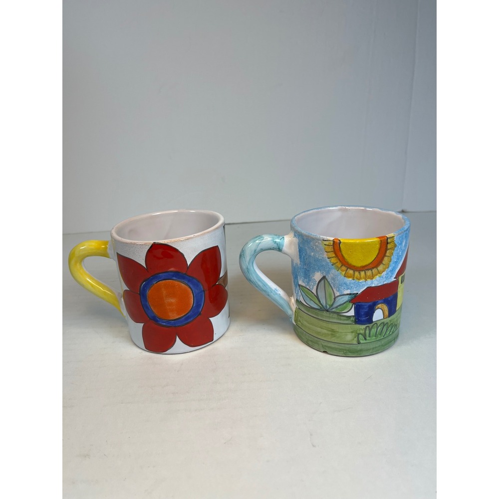 Nino Parrucca Italy Hand Painted Ceramic Mugs Set of 2 Sicilian Folk Art Pottery
